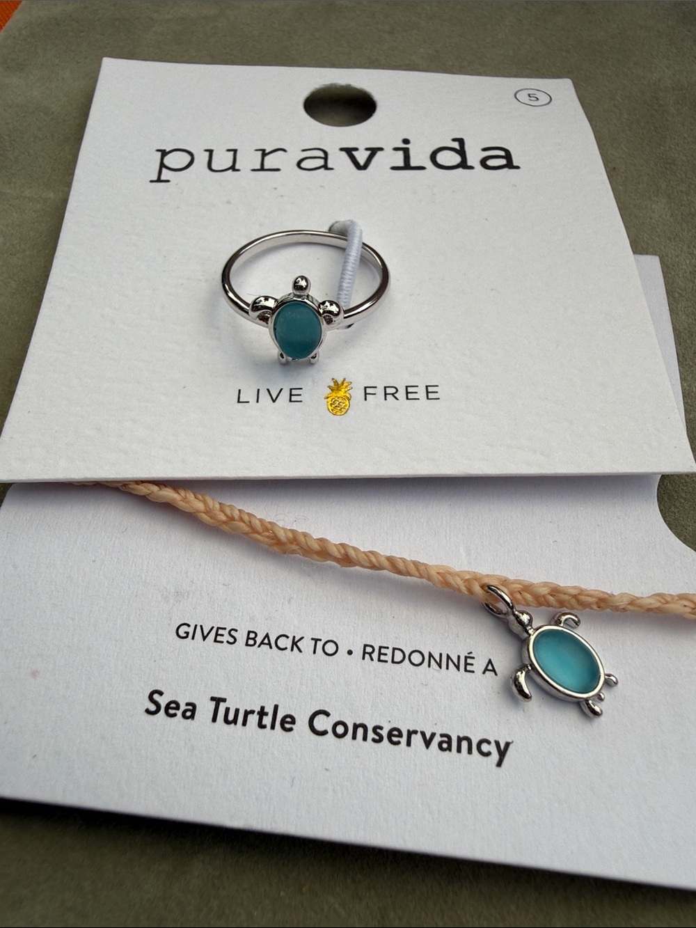 Pura Vida Silver Sea Turtle Ring & Bracelet with Seaglass